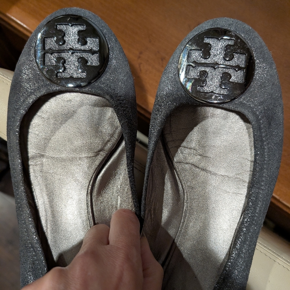 Tory Burch Grey metallic Minnie Travel Ballet Slip-On Flat Women 9.5